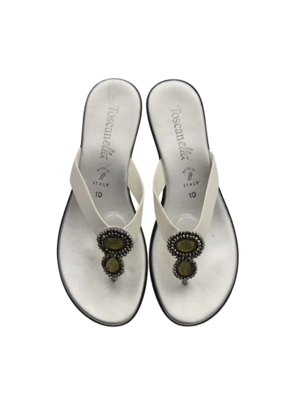 Toscanella Womens 10 White Wedge Sandals Rhinestone Italian Leather Thong Slides